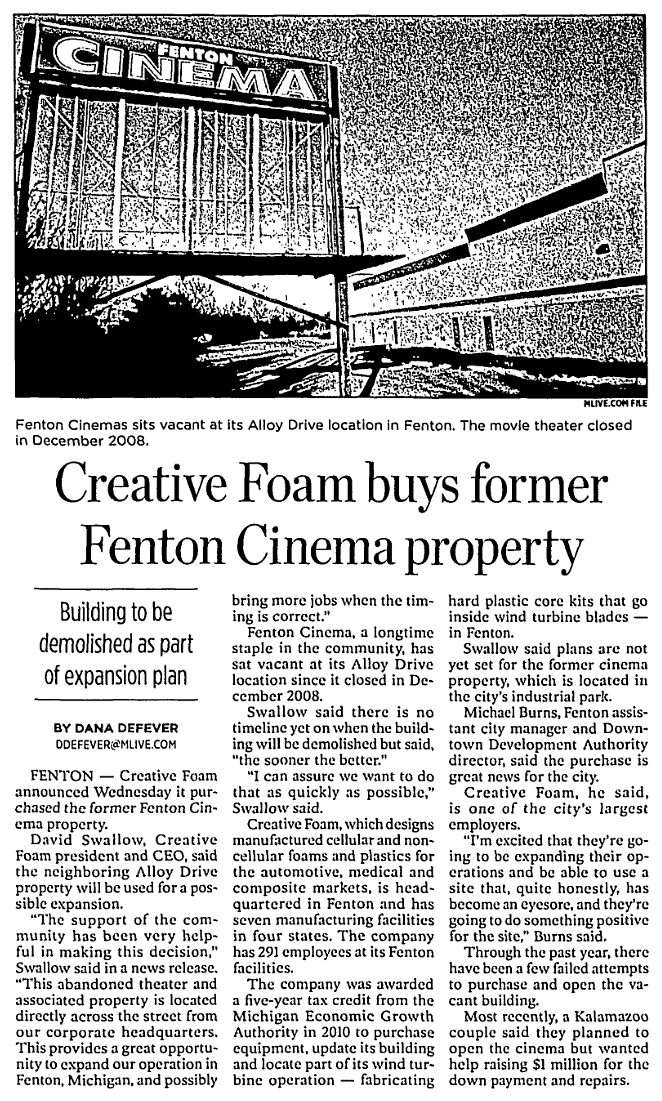 Fenton Cinema - 2013 ARTICLE ON SALE TO CREATIVE FOAM (newer photo)